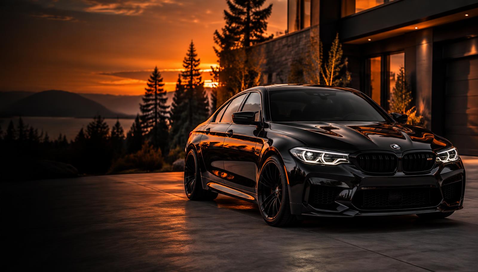 Black performance sedan with premium tinted windows at sunset